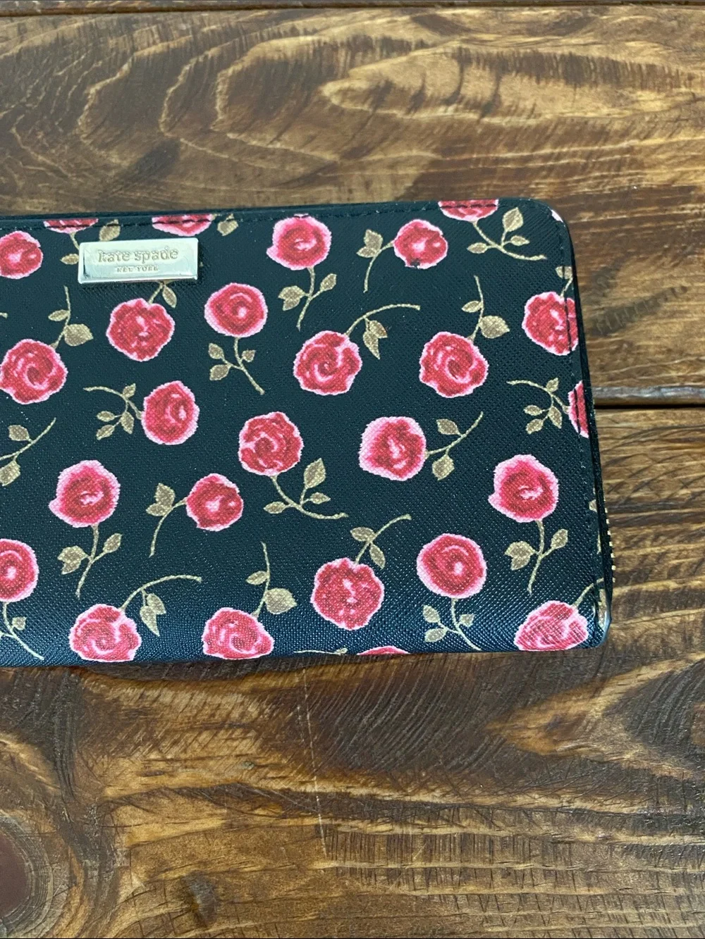 Kate Spade Black Rose Zip-Around Wallet
